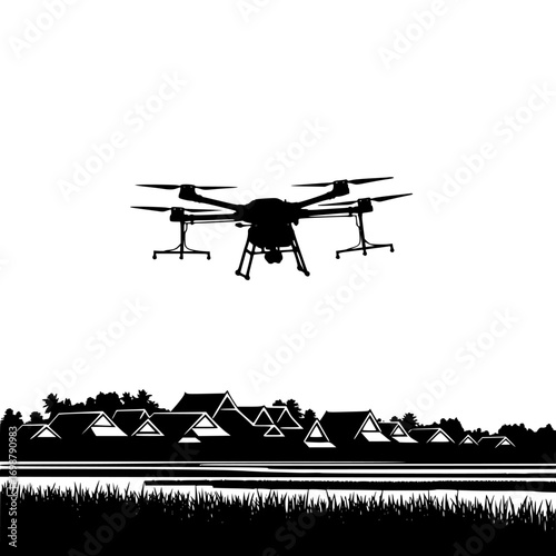 Silhouette of a modern agricultural drone spraying crops over a rural landscape with buildings and fields isolated on white background isolated on transparent background