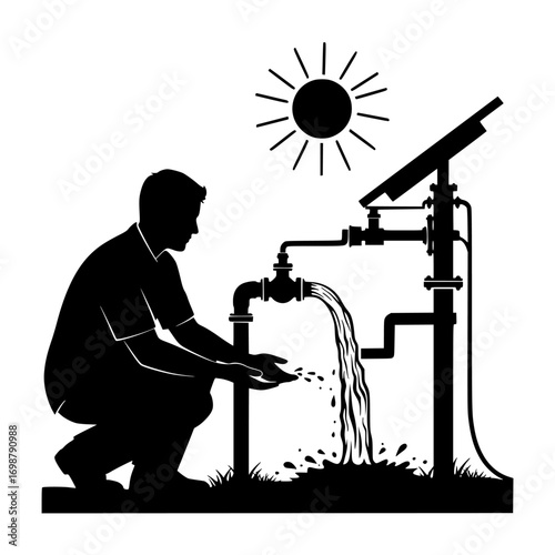 Farmer using a solar powered water pump for irrigation in a field silhouette isolated on white background isolated on transparent background