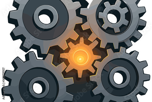 A tight shot of polished metal gears meshing together, forming an intricate machine illuminated by a radiant orange glow at its core