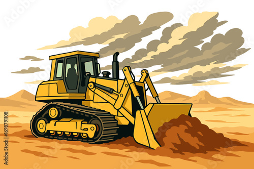 Bulldozer in operation across desert terrain: a robust machine moving earth beneath a dramatic sky
