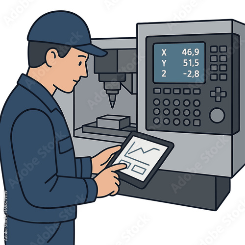 A factory worker is using a tablet computer to program a CNC milling machine