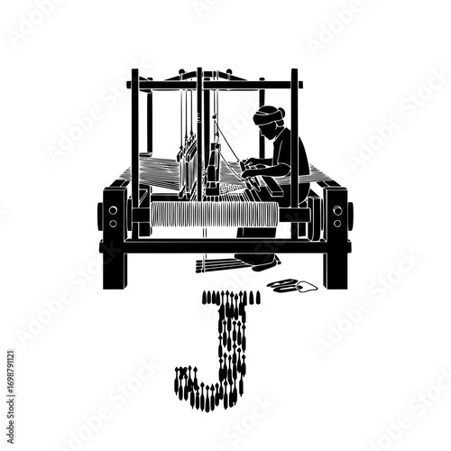 Silhouette of a person operating a traditional wooden loom to weave fabric creating textiles silhouette isolated on white background isolated on transparent background