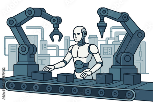 An advanced industrial assembly line featuring a robotic android in operation