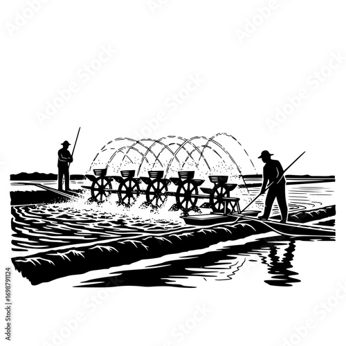 Silhouette of two people observing a historical water wheel irrigation system with arches of water spraying isolated on white background isolated on transparent background
