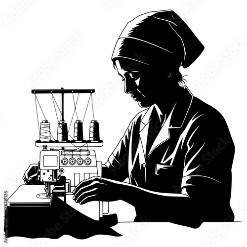Silhouette of a woman wearing a headscarf working at a sewing machine with spools of thread silhouette isolated on white background isolated on transparent background