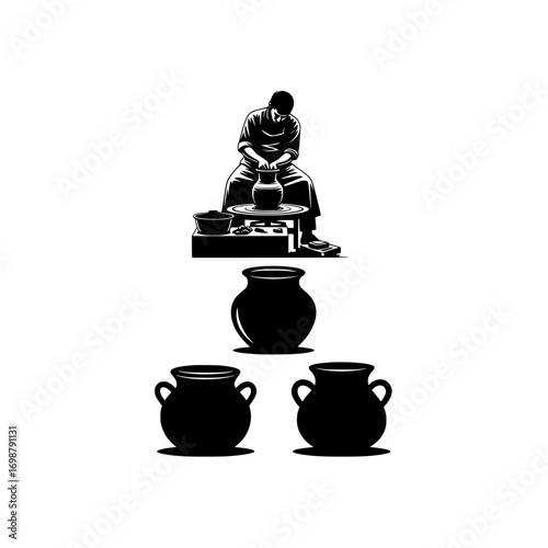 Silhouette of a potter working at a pottery wheel creating a vase with three finished pots in front isolated on white background isolated on transparent background