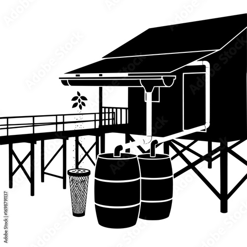 Silhouette of a rustic wooden stilt house with a pier and barrels isolated on white background isolated on transparent background