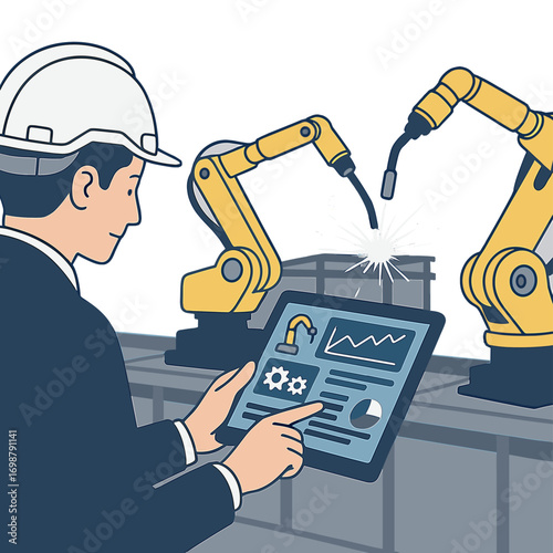 The manager engineer monitors and controls automated robotic arms in an intelligent industrial factory using real‑time monitoring software, overseeing welding robotics and digital manufacturing