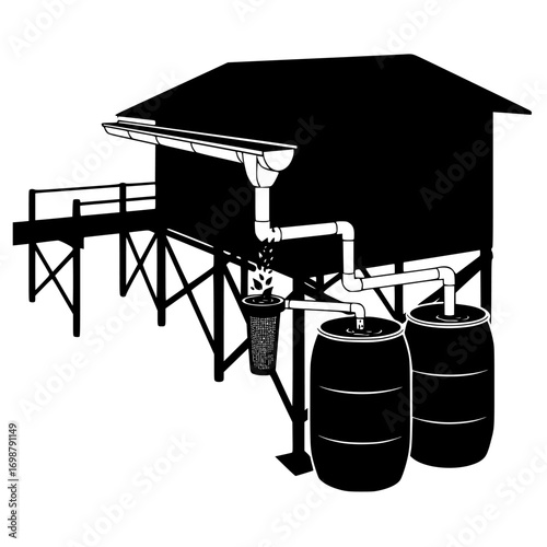 Silhouette of a rustic wooden stilt house with a pier and barrels isolated on white background isolated on transparent background
