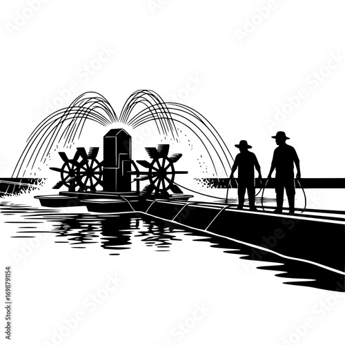 Silhouette of two people observing a historical water wheel irrigation system with arches of water spraying isolated on white background isolated on transparent background