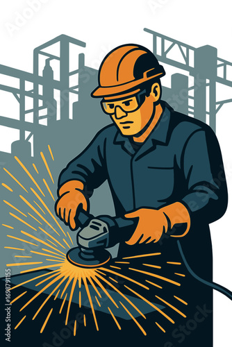 In a factory, a worker grinds metal, sending sparks flying as he works