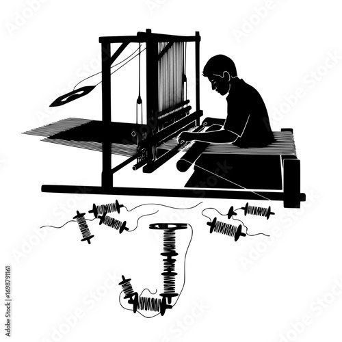 Traditional textile weaving process with a person operating a loom creating intricate patterns isolated on white background isolated on transparent background silhouette