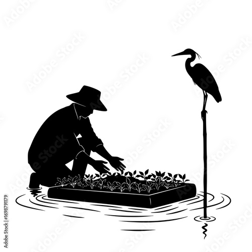 Silhouette farmer tending to floating plants in water with a heron standing on a pole nearby isolated on white background isolated on transparent background