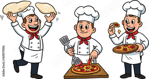 Cartoon chefs making pizza, tossing dough, adding toppings, eating slice, Italian food preparation, restaurant kitchen, culinary art, fun cooking vector illustration