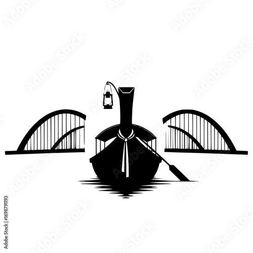 A solitary figure in a boat with oars rowing under a bridge with outstretched wings silhouette isolated on white background isolated on transparent background