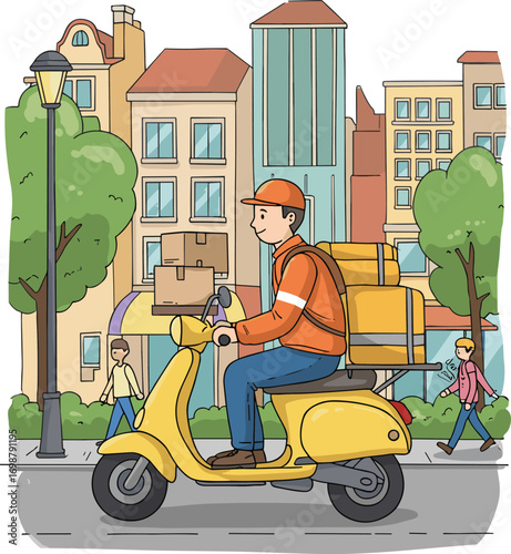 Delivery person riding yellow scooter with packages through city street, wearing helmet and safety jacket, urban background, cartoon style illustration