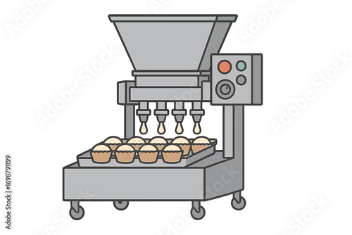 Industrial automated dough‑filling machine used in the muffin production process at a professional bakery