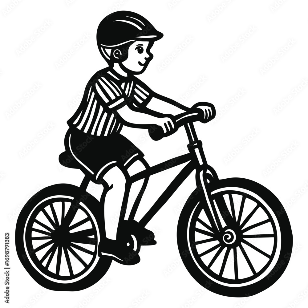 Naklejka premium Vector art of boy wearing a helmet riding a bicycle with enthusiasm, enjoying an outdoor activity