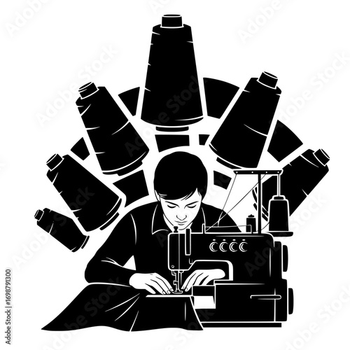 Silhouette of a tailor working at a sewing machine surrounded by spools of thread isolated on white background isolated on transparent background