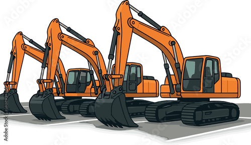 A line of orange excavators with black buckets stands in a parking lot, ready for excavation work, showcasing heavy construction equipment typical of civil engineering and industrial building sites