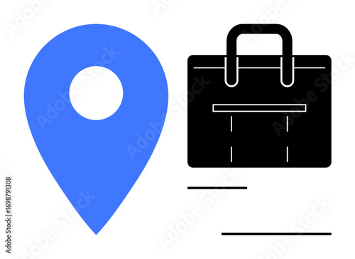 Blue location marker beside black briefcase illustrating navigation, business, logistics, travel, work management, planning, and mobility. Ideal for maps, jobs delivery travel strategy