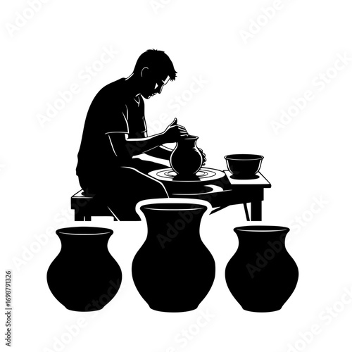 Silhouette of a potter skillfully shaping clay on a spinning wheel with finished vases in the foreground isolated on white background isolated on transparent background