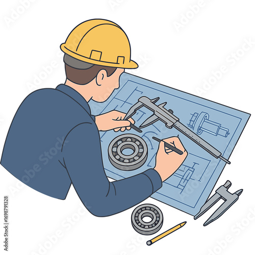 An engineer technician designs mechanical parts, creates drawings, and works on engine manufacturing projects in a factory, measuring bearings with calipers and producing blueprints for industrial