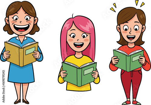 Cartoon children reading green books with smiling faces, colorful outfits, joyful expressions, excitement, literacy, education, storytelling, school, fun