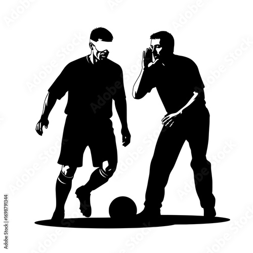 Blind football player dribbling with guide call – vector silhouette isolated