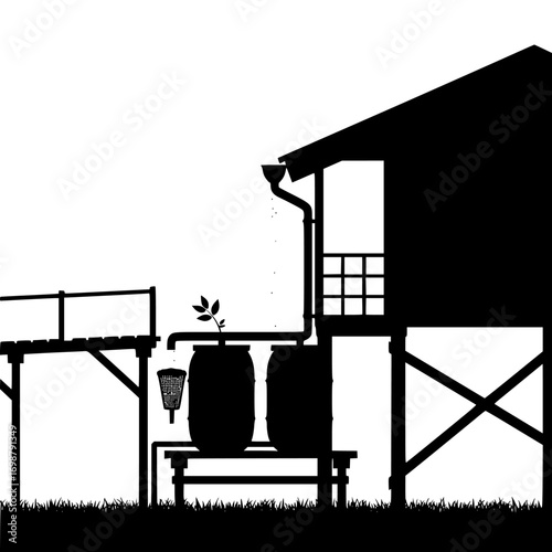 Silhouette of a rustic wooden stilt house with a pier and barrels isolated on white background isolated on transparent background