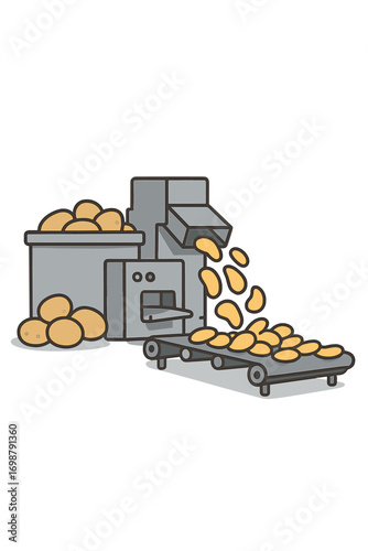 A potato chips production line where freshly made chips flow from the machine