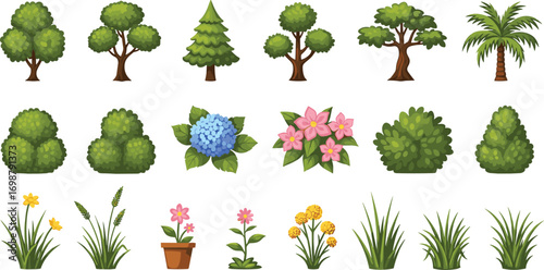 Botanical Collection of Trees, Shrubs, Flowers, and Grasses in Stylized Rows for Nature, Garden, Landscape, and Educational Vector Design