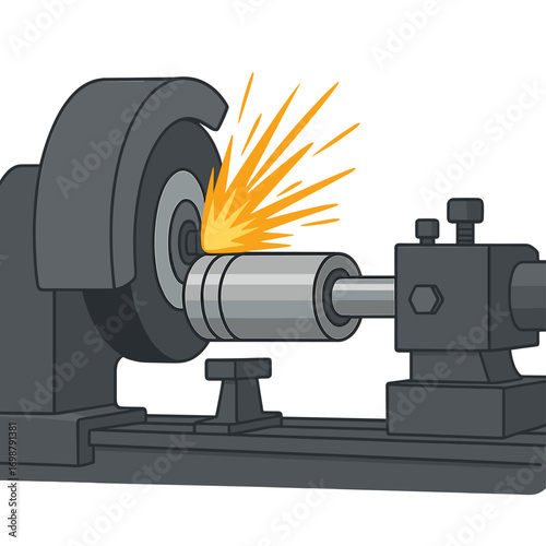 Finishing metalwork on a lathe grinder machine, sparks flying