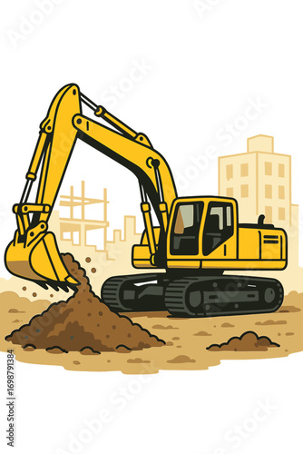 A bright yellow excavator is operating on a construction site