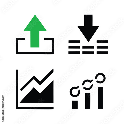 Four graphic icons showing upload download and data charts