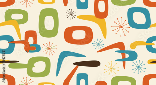 Retro Atomic Era Pattern with Boomerangs and Starbursts.