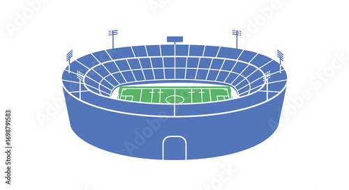 a large stadium with green field and blue seating