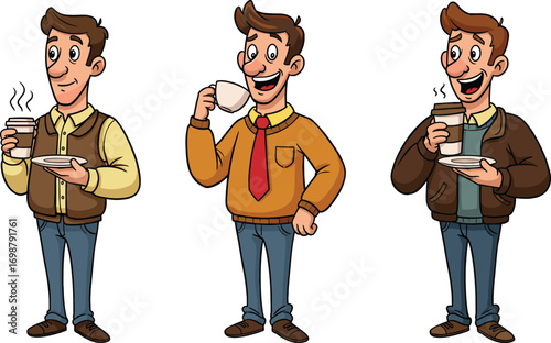 Cartoon man in casual outfits holding coffee and tea, character design for lifestyle, cafe, hospitality, and seasonal concepts