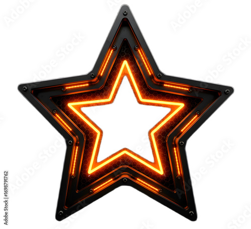 Glowing Orange Neon Star with Metal Frame and Hexagonal Texture

