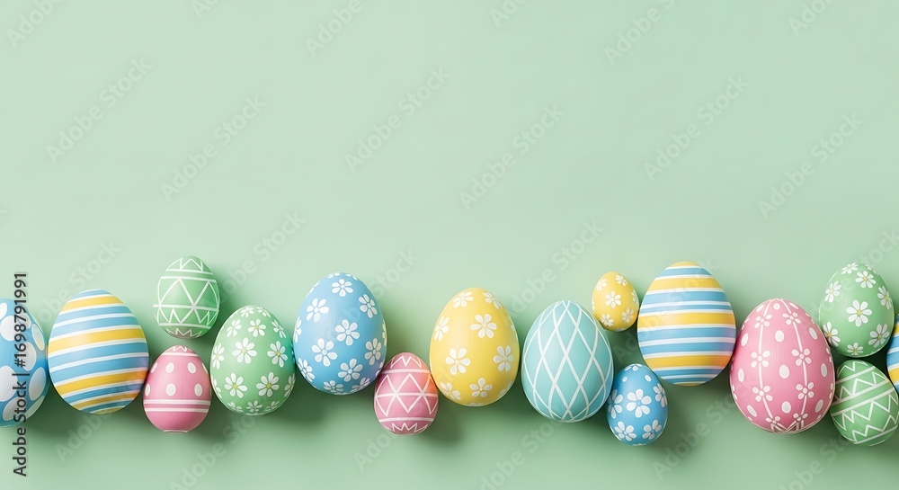 Fototapeta premium Pastel easter eggs arranged on a soft green backdrop creating a festive mood for springtime