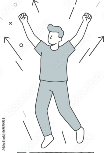 Joyful Man Celebrating Success, Excited Person Achieving Goal, Happy Jump, Upward Movement, Triumphant Person