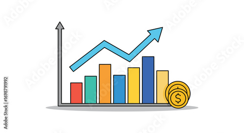 financial growth chart with upward arrows and colorful bars