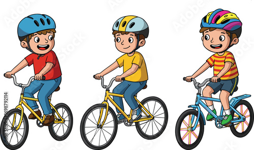 Children riding bicycles outdoors wearing helmets, promoting safety, active lifestyle, teamwork, and fun exercise in colorful clothing and diverse bike designs