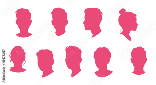 various hairstyles depicted through pink silhouettes of female heads