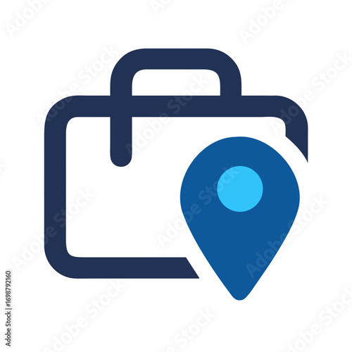 Dark blue briefcase icon with handle and a location pin marker placed on the right side of the briefcase