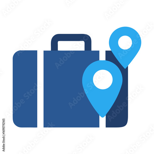 Illustration of a blue suitcase with two light blue location pin icons placed on the right side