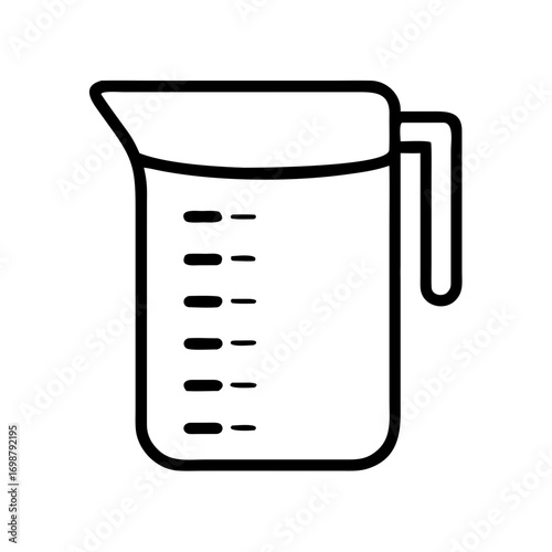 Illustration of a measuring cup with a handle and measurement markings on the side in black and white