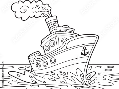 Passenger ship coloring page illustration with anchor symbol, ocean waves, and smoke from funnel, black and white line art drawing of cruise vessel for children activity, nautical outline for coloring