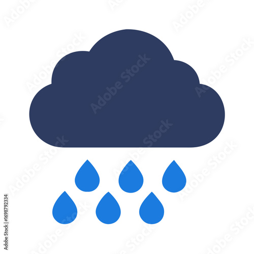 Illustration of a dark cloud with blue raindrops falling down indicating a rainy weather condition shown
