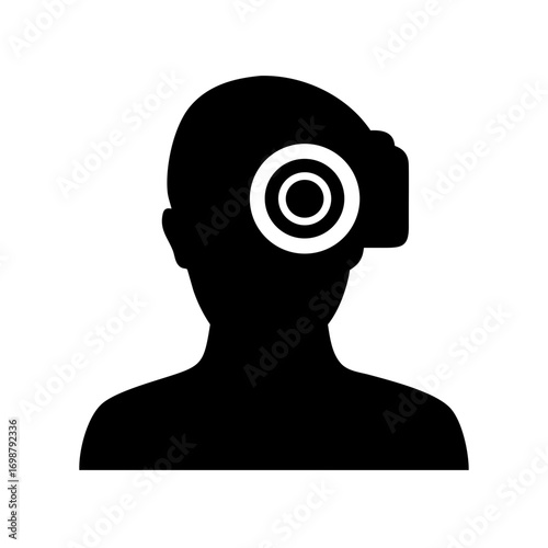 Silhouette of a person wearing a virtual reality headset with concentric circles on the display screen